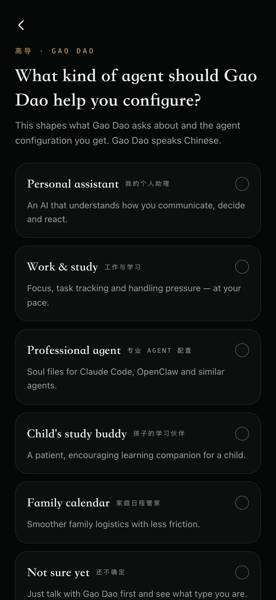 AgentSoul iPhone app screen: Gao Dao — talk with a mentor