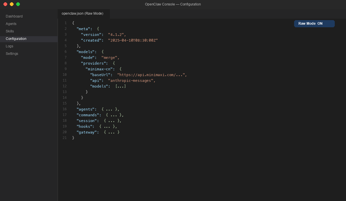 OpenClaw config raw mode