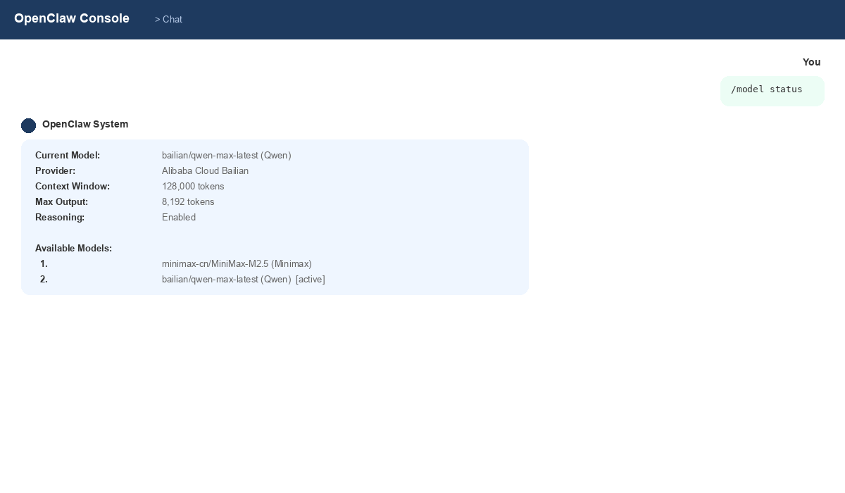 OpenClaw model status command