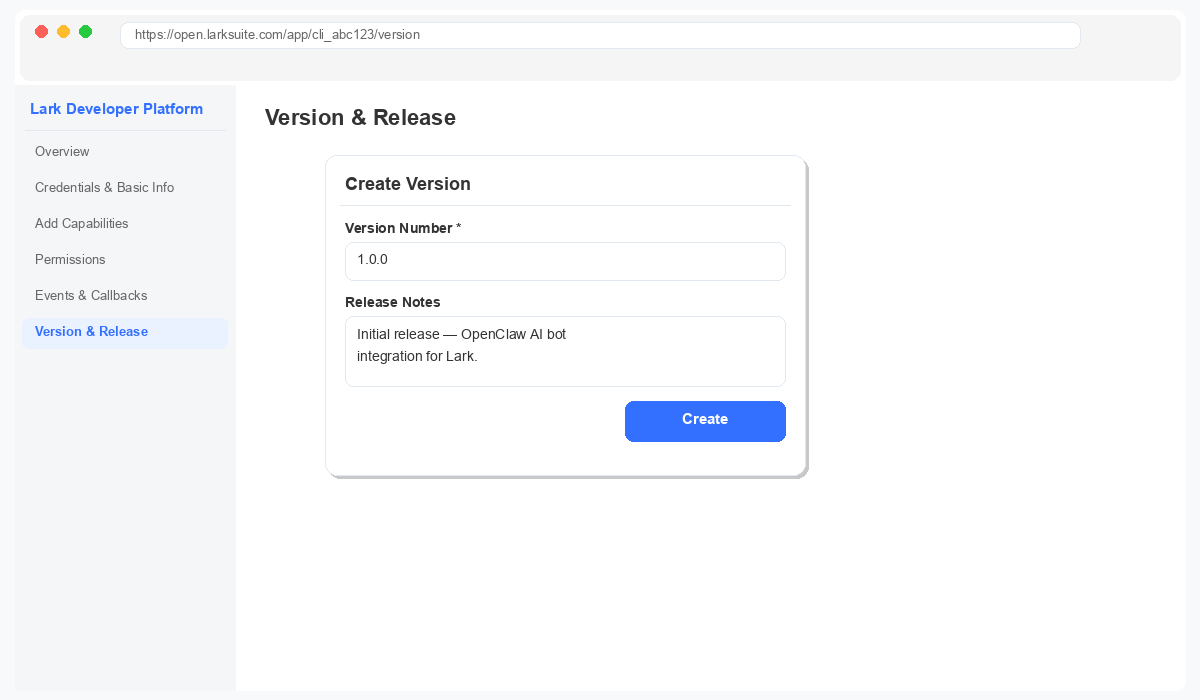 Feishu create version dialog