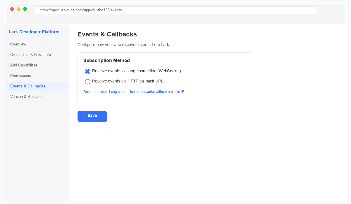 Feishu event subscription long connection setting