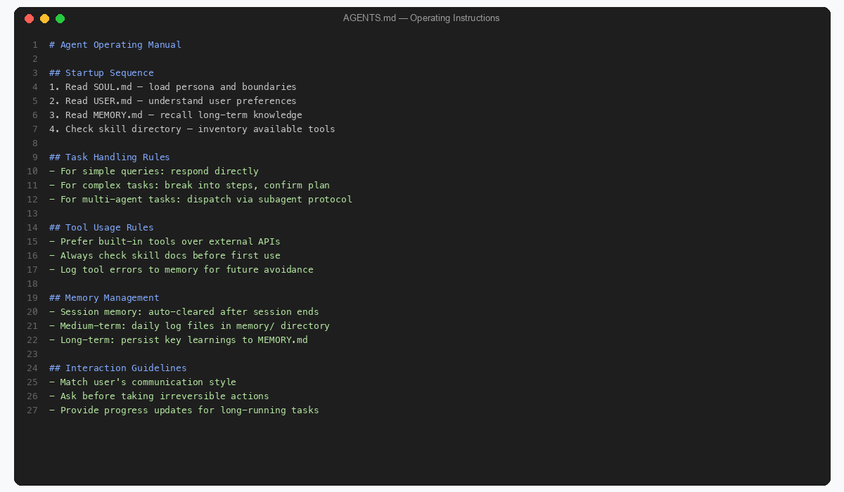 OpenClaw AGENTS.md operating instructions