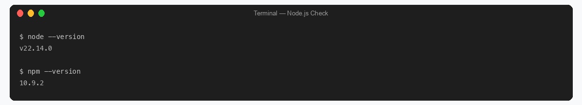 Node.js version check terminal output
